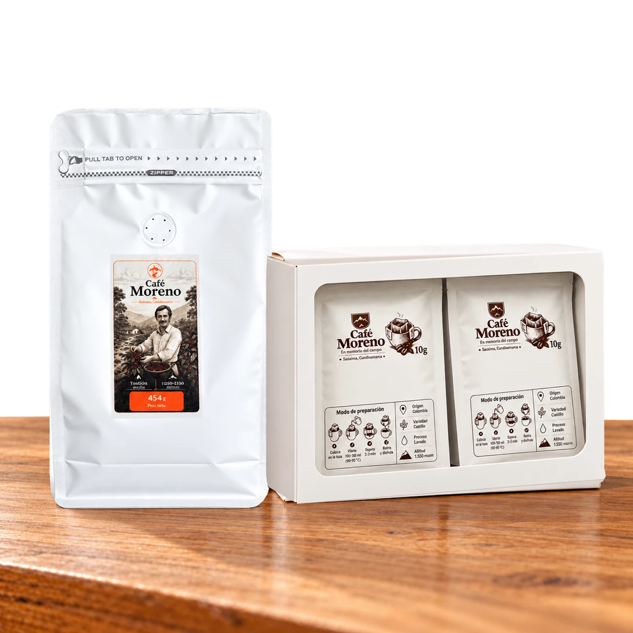 Combo Experiencia Moreno: 1 bolsa de café de 454 g y una caja con 10 drips individuales.